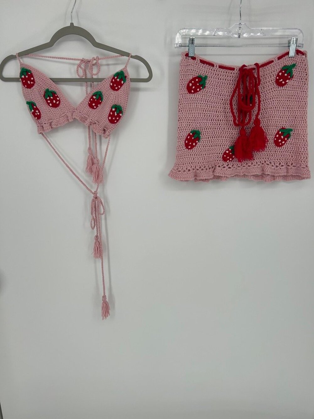 Handmade Crochet Strawberry 2 Piece Set Pink Cottagecore Coquette Fairycore XS/S